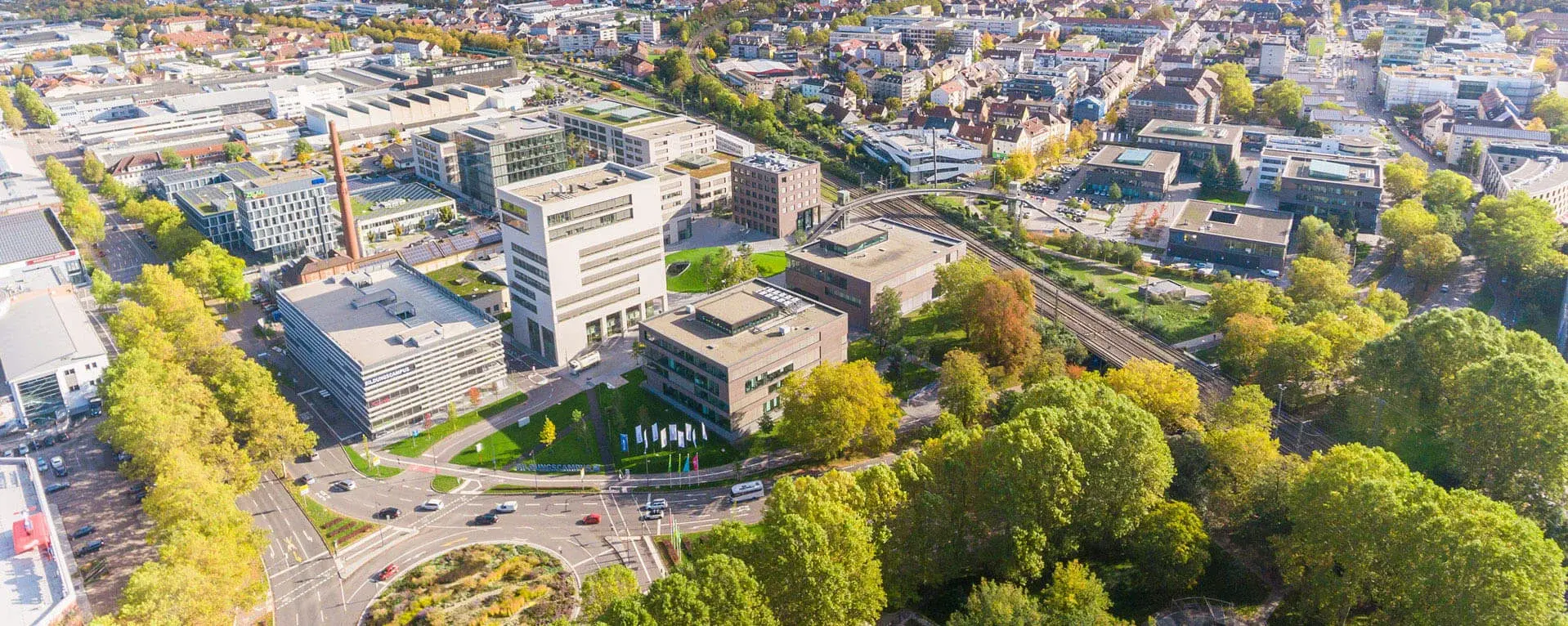 Drohnenaufnahme der Stadt Heilbronn mit dem Bildungscampus im Zentrum