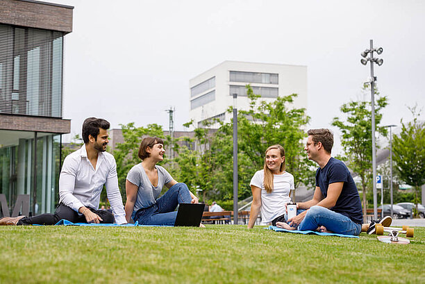 Studenten sitzen auf dem Rasen des Campus