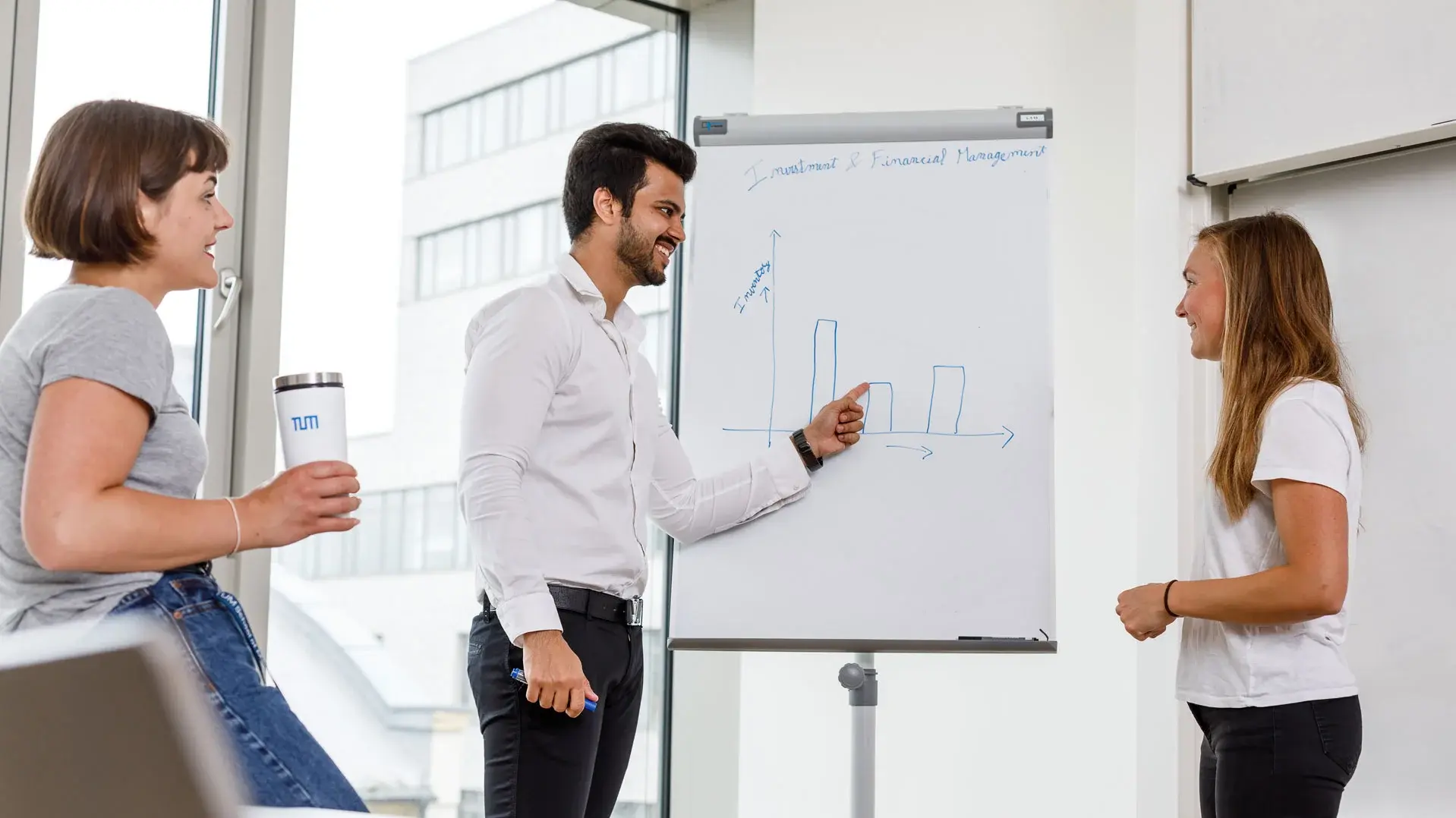 Three students working on a flipchart