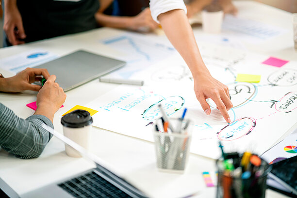 [Translate to German:] Several people collaborate around a table with charts, markers, a laptop, and coffee cups, discussing a project plan laid out on large paper.
