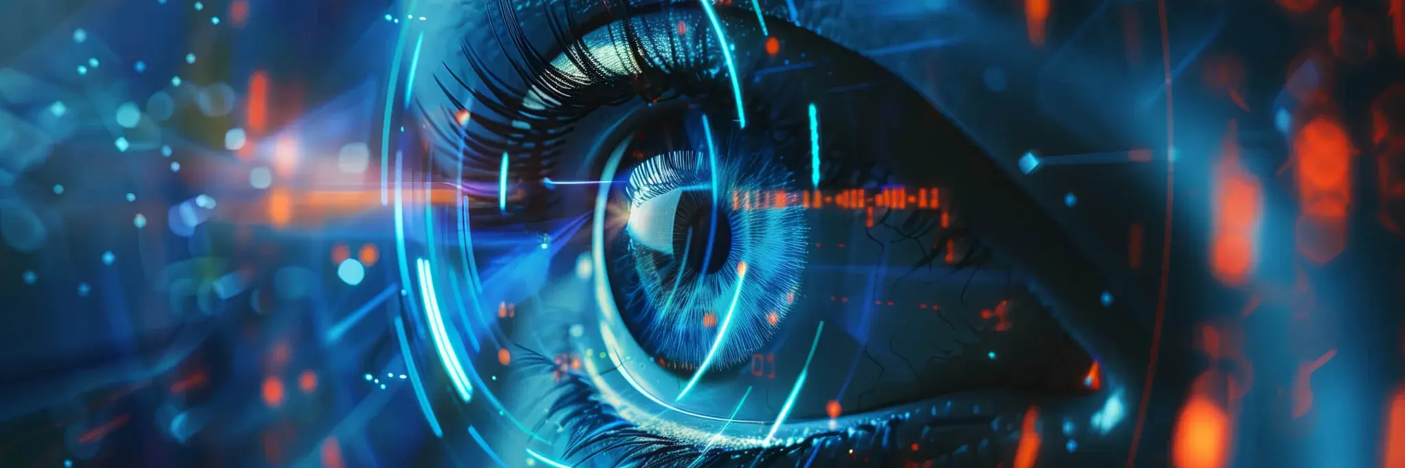 Close-up of a human eye surrounded by digital elements and neon lights in blue and orange hues, creating a futuristic, cybernetic appearance. The eyes reflections suggest a high-tech interface.